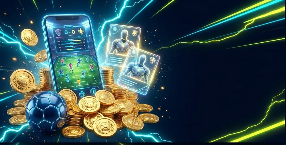 کوینهای طلایی eFootball کنار گوشی موبایل و کارت بازیکنها
